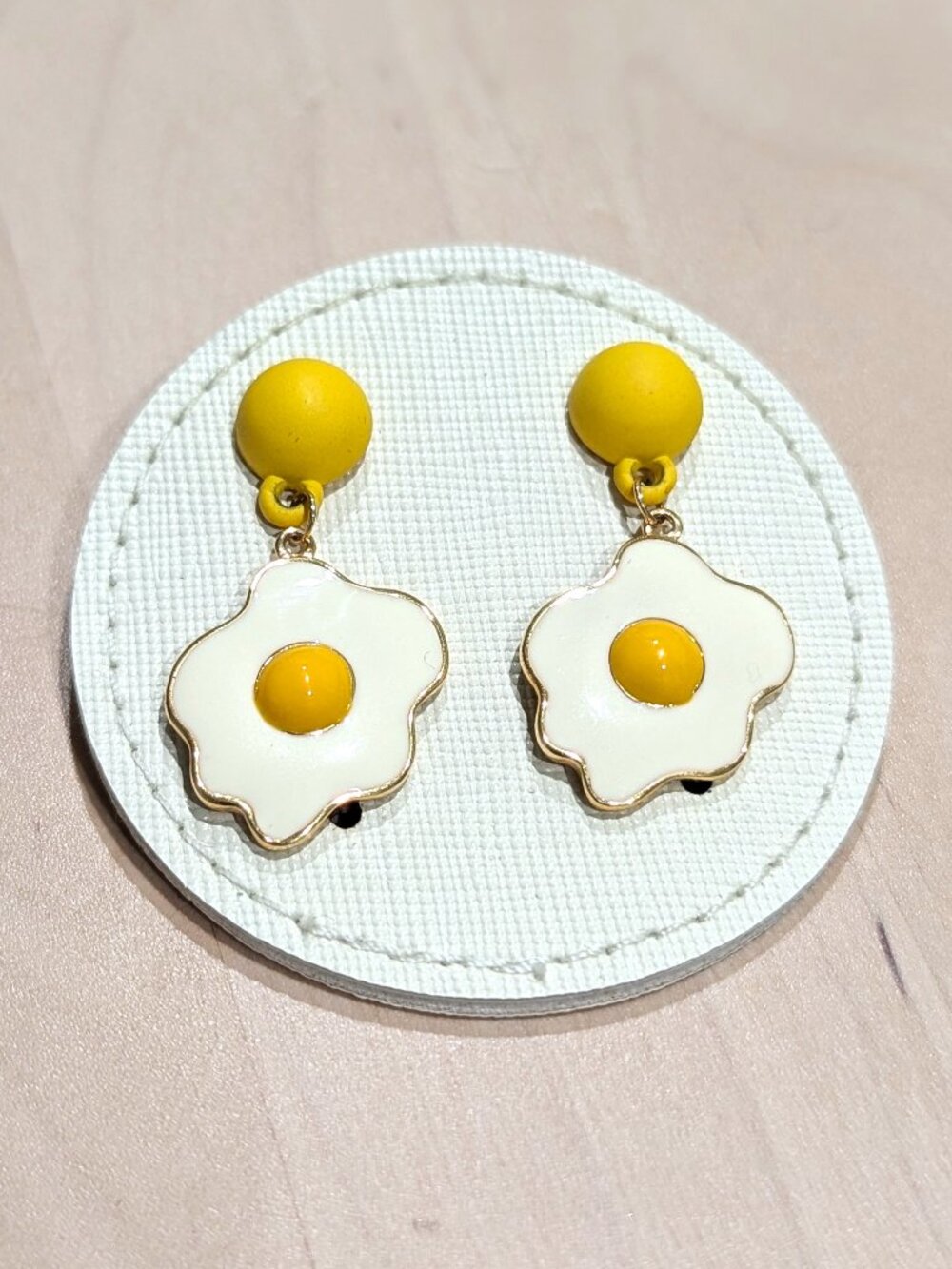 Gold Tone Enamel Fried Egg Dangle Earrings